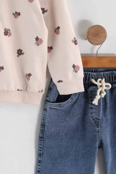 Mürdüm (1-9 Yaş ) Güpür Yaka  Sweatli Kot Pantolonlu Kız Çocuk 2'li Takım 440120