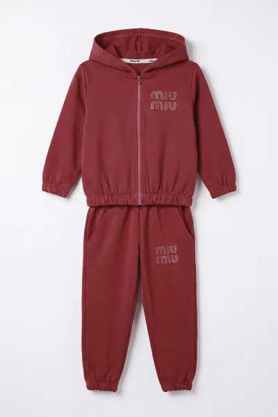 Mürdüm (2-10 Yaş) Miu Miu Taş Baskılı Kapüşonlu Hırkalı Kız Çocuk 2'li Takım 478509