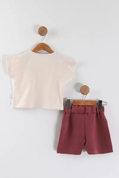 Mürdüm (2-5 Yaş)Sweet Taş Baskılı Flam Keten Kumaş Şortlu Kız Çocuk Takım 451970