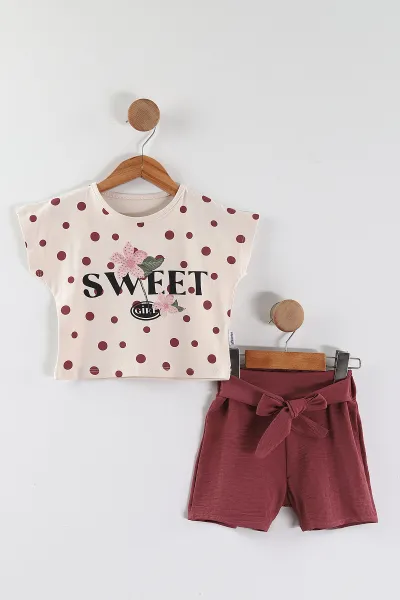 Mürdüm (2-5 Yaş)Sweet Taş Baskılı Flam Keten Kumaş Şortlu Kız Çocuk Takım 451970