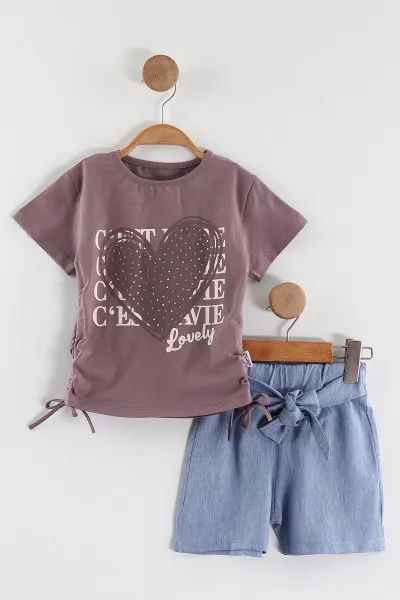 Mürdüm (2-5 Yaş)Taşlı Kalp Baskılı Tencel Şortlu Kız Çocuk Takım 436925