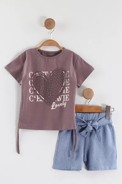 Mürdüm (2-5 Yaş)Taşlı Kalp Baskılı Tencel Şortlu Kız Çocuk Takım 436925