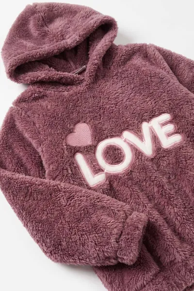 Mürdüm (2-7 Yaş) Love Nakışlı Kapüşonlu Peluş Kız Çocuk Kışlık Takım 483211