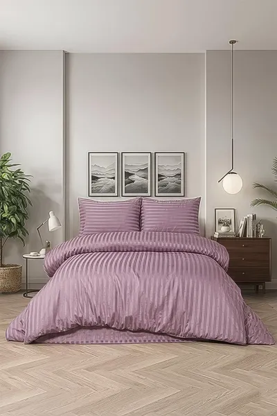 Mürdüm 200x220 Cm Bella Home Çift Kişilik Çizgili Saten Nevresim Takımı 446778