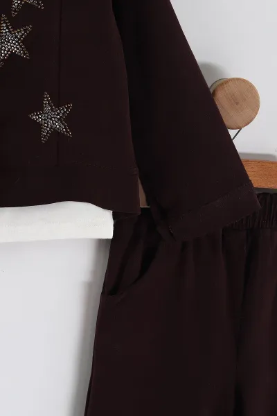 Mürdüm (3-10 Yaş) 3 Yıldızlı Taşlı Ceketli Gabardin Kız Çocuk 3'lü  Takım 443403