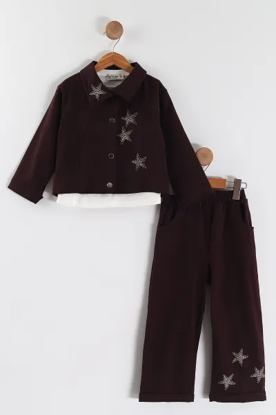 Mürdüm (3-10 Yaş) 3 Yıldızlı Taşlı Ceketli Gabardin Kız Çocuk 3'lü  Takım 443403