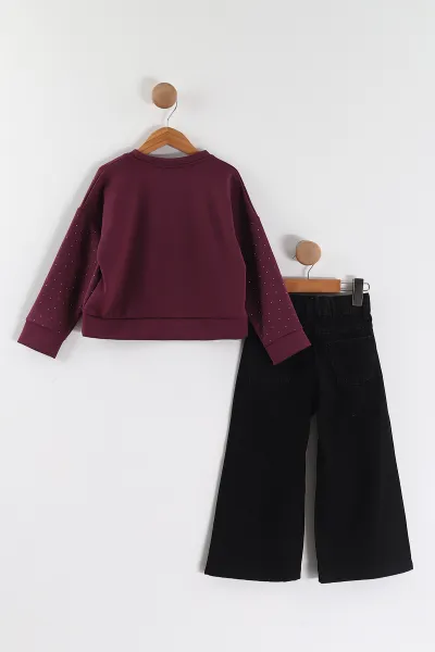 Mürdüm (3-10 Yaş) Taş Baskılı Oysho Sweatli Kot Pantolonlu Kız Çocuk 2'li Takım 443393