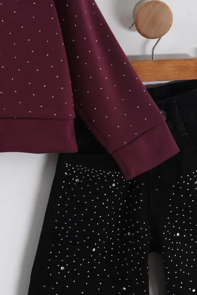 Mürdüm (3-10 Yaş) Taş Baskılı Oysho Sweatli Kot Pantolonlu Kız Çocuk 2'li Takım 443393