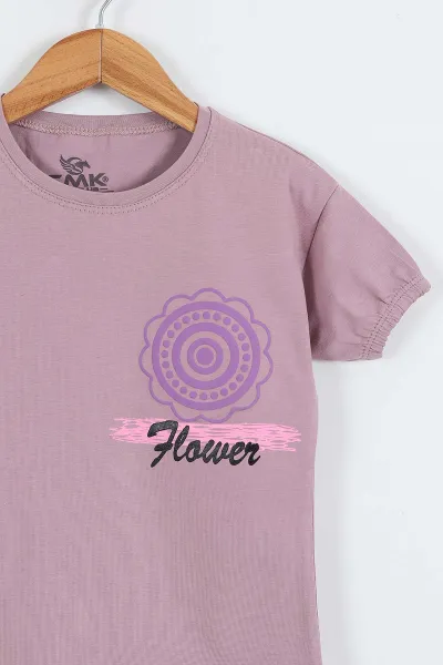 Mürdüm (3-12 Yaş) Flower Baskılı Kol Lastikli Kız Çocuk Tişört 354292