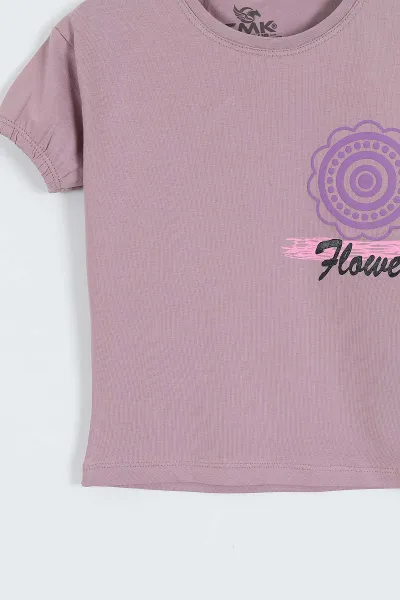 Mürdüm (3-12 Yaş) Flower Baskılı Kol Lastikli Kız Çocuk Tişört 354292