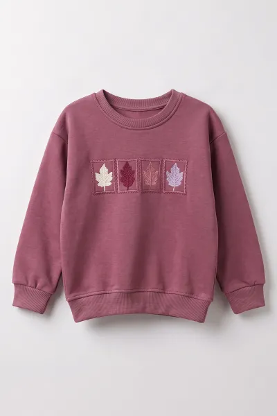 Mürdüm (3-12 Yaş) Yaprak Nakışlı    3 İp Şardonlu Kız Çocuk Sweatshirt 478774