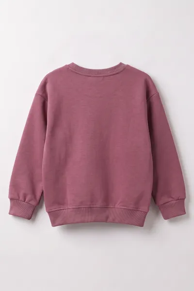 Mürdüm (3-12 Yaş) Yaprak Nakışlı    3 İp Şardonlu Kız Çocuk Sweatshirt 478774
