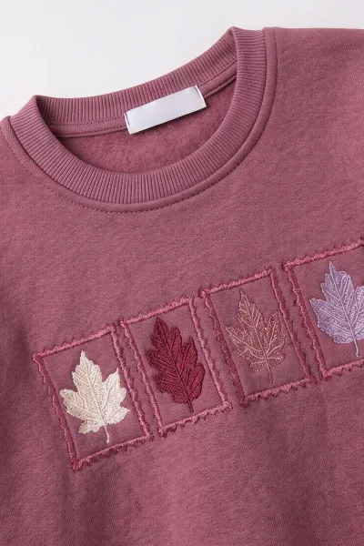 Mürdüm (3-12 Yaş) Yaprak Nakışlı    3 İp Şardonlu Kız Çocuk Sweatshirt 478774
