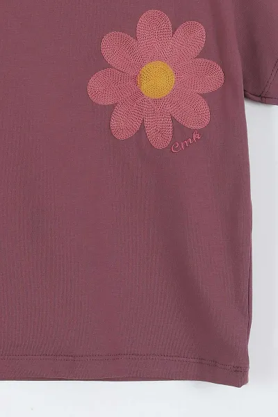 Mürdüm (3-12 Yaş)Çiçek Nakışlı   Kız Çocuk Kısa Kol Tişört 354048