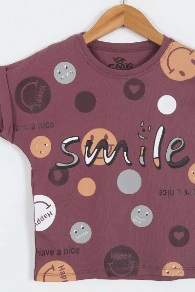 Mürdüm (3-12 Yaş)Smile  Baskılı  Kız Çocuk Kısa Kol Tişört 354031