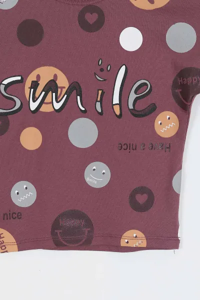 Mürdüm (3-12 Yaş)Smile  Baskılı  Kız Çocuk Kısa Kol Tişört 354031