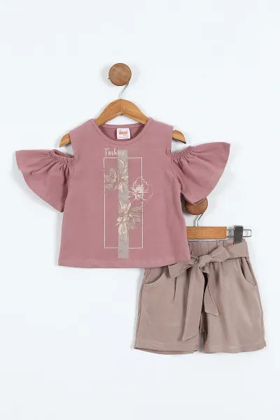 Mürdüm (3-7 Yaş) Fashion Baskılı Açık Omuz Detaylı Kemerli Şortlu Kız Çocuk Yazlık Takım 361719
