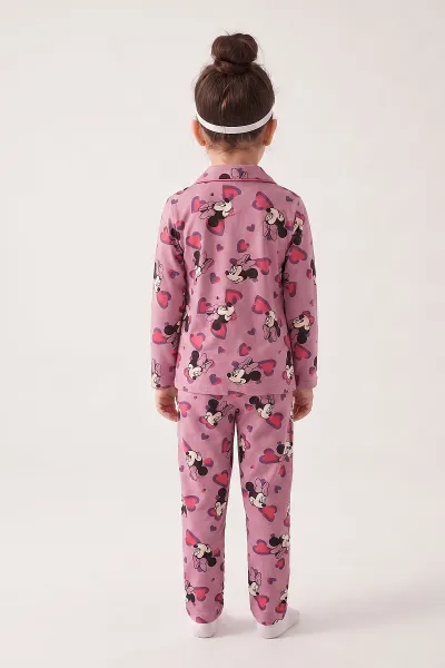 Mürdüm (4-12 Yaş) Desenli   Uzun Kol  Ön Düğmeli Göz Bandı Detaylı Kız Çocuk Pijama Takım 473658
