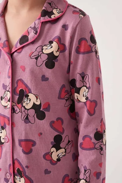 Mürdüm (4-12 Yaş) Desenli   Uzun Kol  Ön Düğmeli Göz Bandı Detaylı Kız Çocuk Pijama Takım 473658