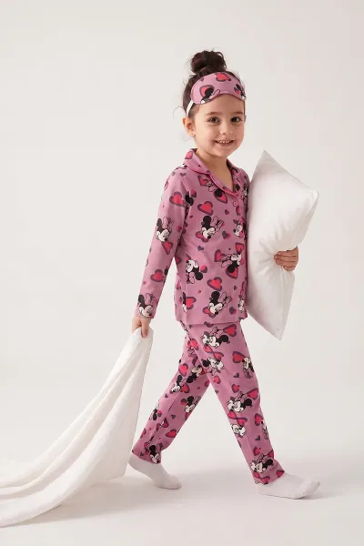 Mürdüm (4-12 Yaş) Desenli   Uzun Kol  Ön Düğmeli Göz Bandı Detaylı Kız Çocuk Pijama Takım 473658