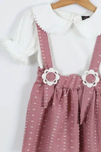 Mürdüm (4-8 Yaş) Papatya Tokalı Bebe Yaka Kız Çocuk Salopet Takım 276851