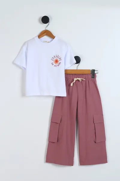 Mürdüm (5-10 Yaş) Sunshine Ön Arka Baskılı Kargo Cep Pantolonlu  Kız Çocuk Takım 341633