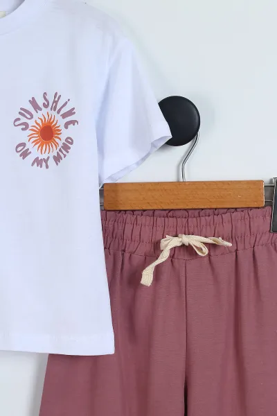 Mürdüm (5-10 Yaş) Sunshine Ön Arka Baskılı Kargo Cep Pantolonlu  Kız Çocuk Takım 341633