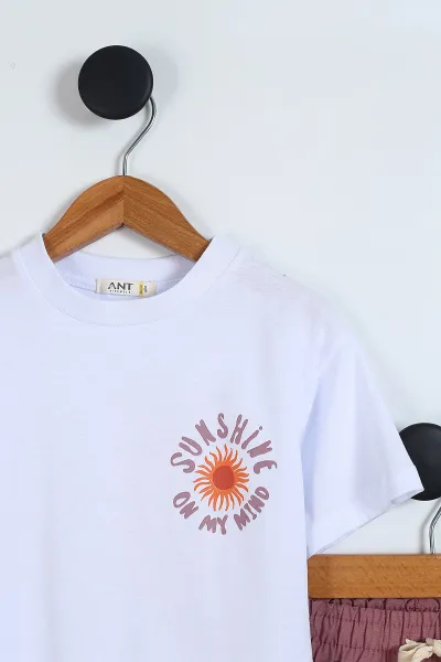 Mürdüm (5-10 Yaş) Sunshine Ön Arka Baskılı Kargo Cep Pantolonlu  Kız Çocuk Takım 341633