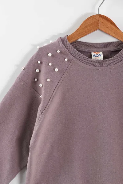 Mürdüm (5-8 Yaş)Omuzları İncili Kız Çocuk Sweatshirt 432894