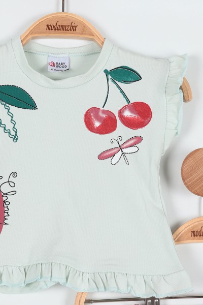 Mürdüm (6-18 Ay) Kiraz Baskılı Kol Fırfırlı Taytlı kız Bebe Takım 190224