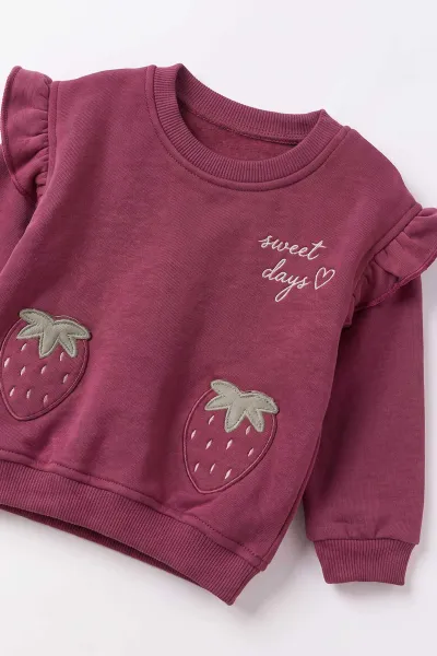 Mürdüm (6-24 Ay) Çilek Nakışlı Omuzdan Fırfırlı  3 İp Şardonlu Kız Bebek Kışlık Takım 499392