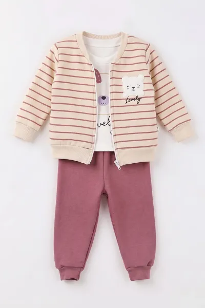 Mürdüm (6-24 Ay) Çizgili Ayıcık Nakışlı Hırkalı 3 İp Şardonlu Kız Bebek 3'lü Takım 497170