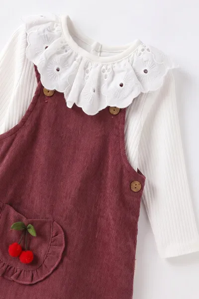 Mürdüm (6-24 Ay)  Fitilli Dantel Yaka Badili Kiraz Aksesuarlı Kadife Kız Bebek Jile Takım 485379