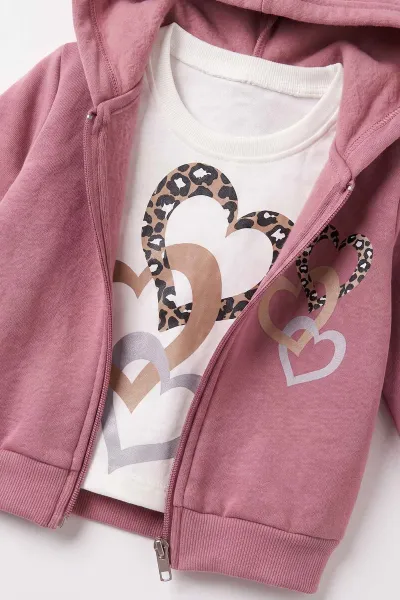 Mürdüm (6-24 Ay) Leopar Kalp Baskılı Hırkalı 3 İp Şardonlu Kız Bebek 3'lü Takım 497332