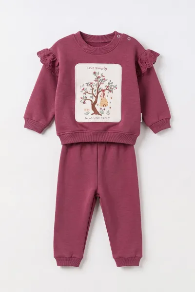 Mürdüm (6-24 Ay) Nakışlı Omuzdan Güpürlü İçi Şardonlu Kız Bebek Kışlık Takım 497056