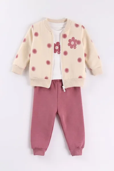 Mürdüm (6-24 Ay) Puanlı Çiçek Baskılı  Hırkalı 3 İp Şardonlu Kız Bebek 3'lü Takım 497174