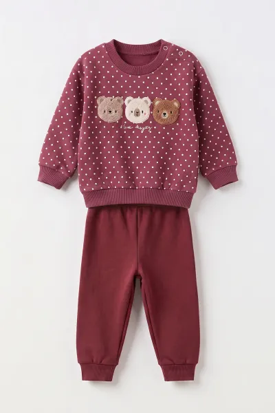 Mürdüm (6-24 Ay) Süzene Ayıcık Nakışlı  3 İp Şardonlu Kız Bebek 2'li Takım 499440