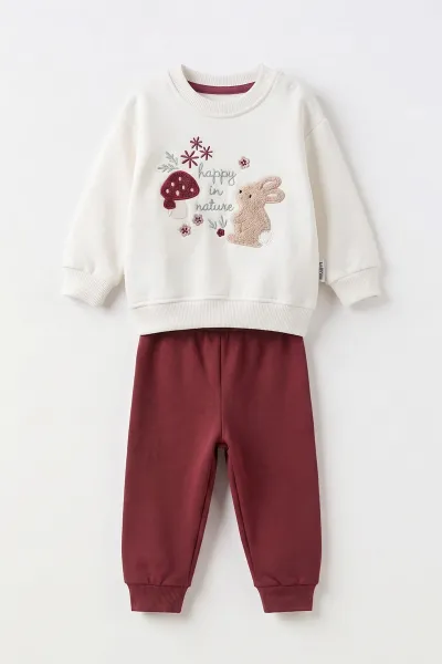 Mürdüm (6-24 Ay) Süzene Mantar ve Tavşan Nakışlı  3 İp Şardonlu Kız Bebek 2'li Takım 499443