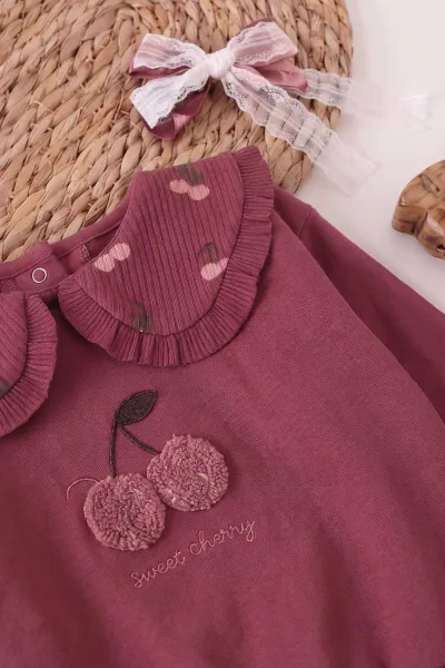 Mürdüm (6-24 Ay) Vişne Yakalı Kiraz Nakışlı   Fitilli Taytlı Kız Bebek Takım 478675