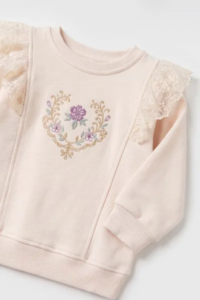 Mürdüm (6-24 Ay) Yaka Dantelli Çiçek Nakışlı Şardonlu Kız Bebek Takım 496249