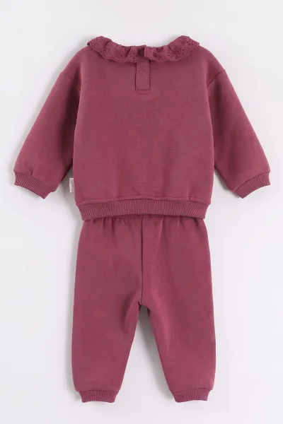 Mürdüm (6-24 Ay) Yakası Güpürlü Papatya Nakışlı çi Şardonlu Kız Bebek Kışlık Takım 497077