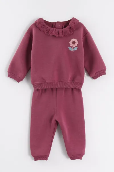 Mürdüm (6-24 Ay) Yakası Güpürlü Papatya Nakışlı çi Şardonlu Kız Bebek Kışlık Takım 497077