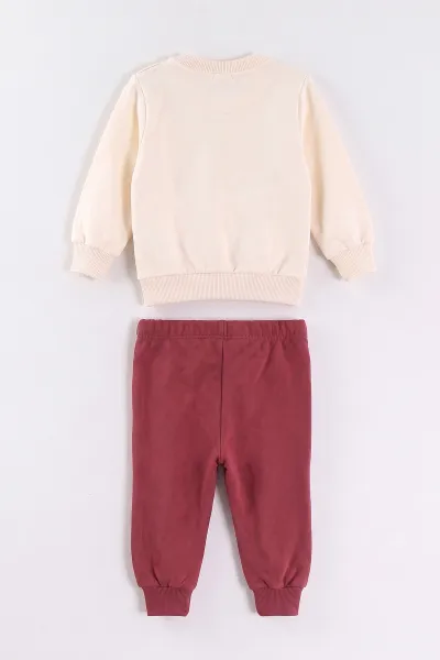 Mürdüm (9-24 Ay) Baskılı Ponpon Detaylı  Kız Bebek Takım 476167