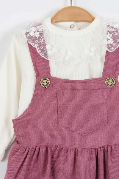 Mürdüm (9-24 Ay) Ön Cep Detaylı Fitilli Kumaş Güpürlü  Badili Kız Bebek Elbise 338766