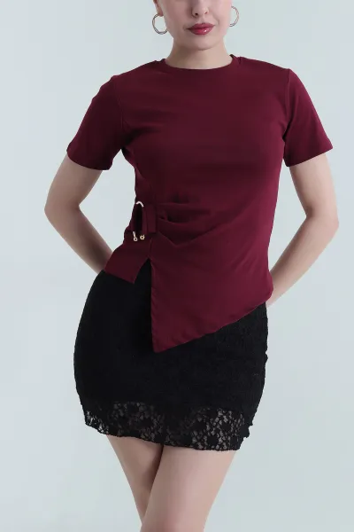 Mürdüm Asimetrik Kesim Tokalı Kadın Ribana Bluz 446569