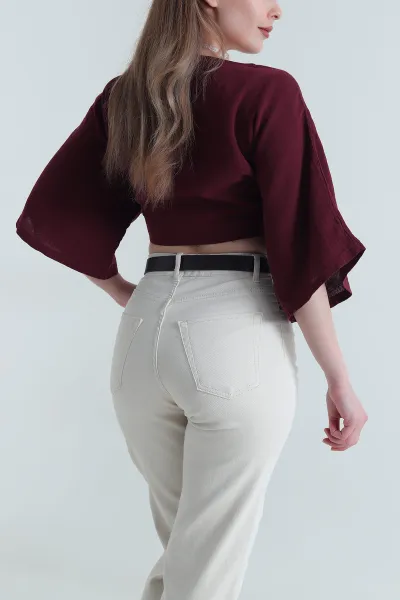 Mürdüm Bağlamalı Müslin Keten Kadın Kimono Bluz 464821