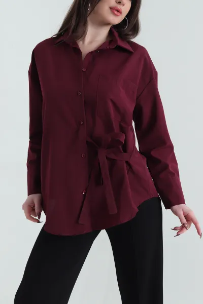 Mürdüm Bağlamalı Tasarım Poplin Kadın Gömlek 437153