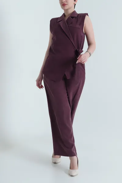 Mürdüm Bağlamalı Yelek Pantolon Toledo Kadın İkili Takım 449502