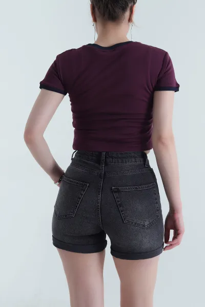 Mürdüm Baskılı Kompak Crop Kadın Tişört 454129