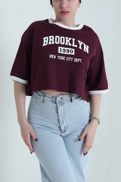Mürdüm Baskılı Kompak Kadın Crop 455153